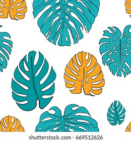 Vector tropical seamless pattern of colorful hand drawn plants leaves. Creative trendy design for textile, print and paper.