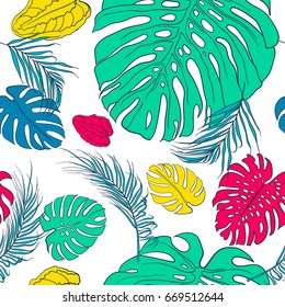 Vector tropical seamless pattern of colorful hand drawn plants leaves. Creative trendy design for textile, print and paper.
