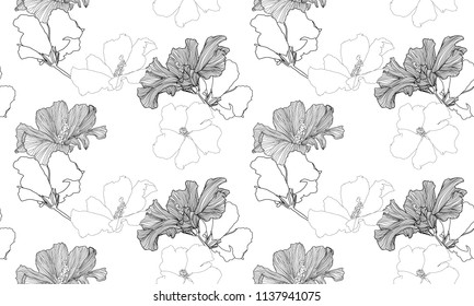 Vector tropical seamless pattern. Exotic plants isolated on white background. Abstract floral seamless pattern. Hand drawn textile print.