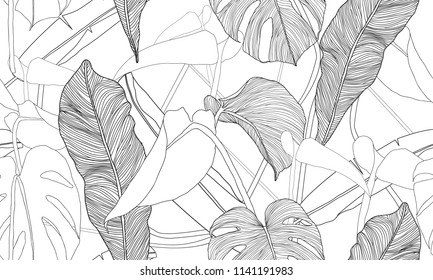 Vector tropical seamless pattern. Exotic plants isolated on white background. Hand drawn textile print.