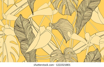 Vector tropical seamless pattern. Exotic plants on yellow background. Banana and monstera leaves. Vector illustration.