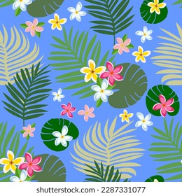 Vector tropical seamless pattern with exotic plants frangipani flowers, palm and monstera leaves. Summer colorful floral background, wallpaper.