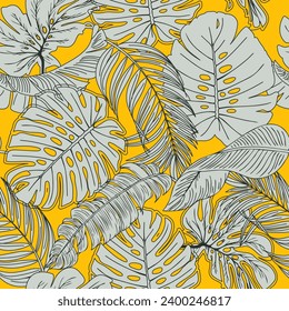 Patrón velero tropical sin costuras. Plantas exóticas de fondo amarillo. Hojas de plátano y de monstera. Ilustración vectorial.