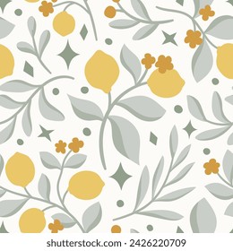 Vector tropical seamless pattern with fruit elements. Hand drawn lemons background.