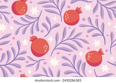 Vector tropical seamless pattern with fruit elements. Hand drawn pomegranate background.