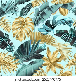Vector tropical seamless pattern with gold leaves on blue background. Exotic botanical design for cosmetics, spa, perfume, beauty salon, travel agency, florist shop. Best as packaging design