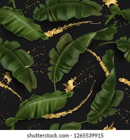 Vector tropical seamless pattern with green banana leaves and gold splashes on black background. Exotic botanical background design for cosmetics, spa, textile. Best as wrapping paper, wallpaper