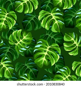 Vector tropical seamless pattern with green monstera leaves.