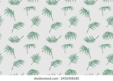 Vector tropical seamless pattern with green palm branches on a transparent background. Summer pattern for textiles, wrapping paper, wallpaper or covers.