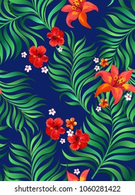 	
Vector tropical seamless pattern with hibiscus flowers and palm leaves.