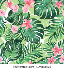 	
Vector tropical seamless pattern with hibiscus flowers and palm leaves.