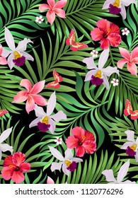 Vector tropical seamless pattern with hibiscus flowers and palm leaves.