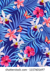 	
Vector tropical seamless pattern with hibiscus flowers and palm leaves. Trendy hand drawn summer background for fashion design.