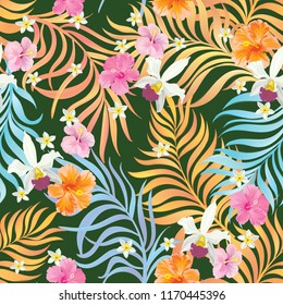 vector tropical seamless pattern with hibiscus flowers and palm leaves.