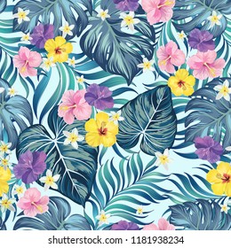 	
Vector tropical sin costuras con flores de hibisco y hojas de palma.