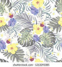 Vector tropical seamless pattern with hibiscus flowers and palm leaves.