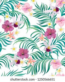 Vector tropical seamless pattern with hibiscus flowers and palm leaves.
