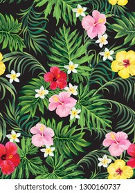 Vector tropical seamless pattern with hibiscus flowers and palm leaves.