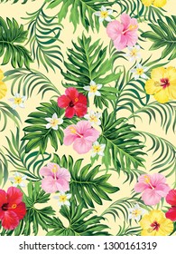 Vector tropical seamless pattern with hibiscus flowers and palm leaves.