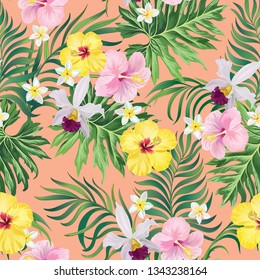 Vector tropical seamless pattern with hibiscus flowers and palm leaves.