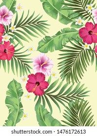 Vector tropical seamless pattern with hibiscus flowers and palm leaves.Classic exotic conposition.