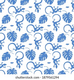 Vector Tropical seamless pattern Illustration Monstera leaves, lizard. Tropical plants Jungle wildlife. Animal. Exotic. Summer background. Design for textile, clothing, print.
