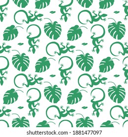 Vector Tropical seamless pattern Illustration Monstera leaves, lizard. Tropical plants Jungle wildlife. Animal. Exotic. Summer background. Design for textile, clothing, print.