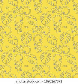 Vector Tropical seamless pattern Illustration Monstera leaves, lizard. Tropical plants Jungle wildlife. Animal. Exotic. Summer background. Illuminating and Ultimate Gray.