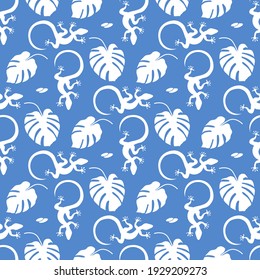 Vector Tropical seamless pattern Illustration Monstera leaves, lizard. Tropical plants Jungle wildlife. Animal. Exotic. Summer background. Design for textile, clothing, print.