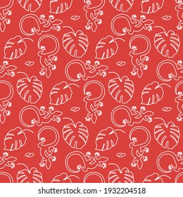 Vector Tropical seamless pattern Illustration Monstera leaves, lizard. Tropical plants Jungle wildlife. Animal. Exotic. Summer background. Design for textile, clothing, print.