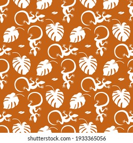 Vector Tropical seamless pattern Illustration Monstera leaves, lizard. Tropical plants Jungle wildlife. Animal. Exotic. Summer background. Design for textile, clothing, print.
