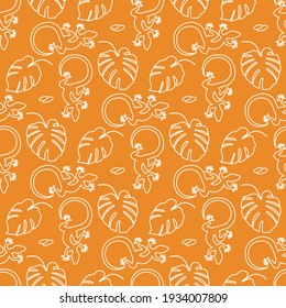 Vector Tropical seamless pattern Illustration Monstera leaves, lizard. Tropical plants Jungle wildlife. Animal. Exotic. Summer background. Design for textile, clothing, print.
