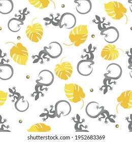 Vector Tropical seamless pattern Illustration Monstera leaves, lizard. Tropical plants Jungle wildlife. Animal. Exotic. Summer background. Design for textile, clothing, print.
