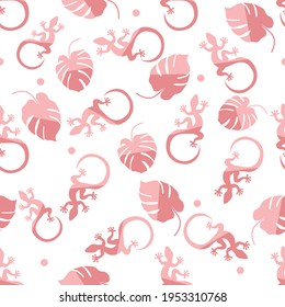 Vector Tropical seamless pattern Illustration Monstera leaves, lizard. Tropical plants Jungle wildlife. Animal. Exotic. Summer background. Design for textile, clothing, print.