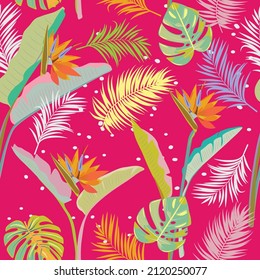 Vector tropical seamless pattern with  leaves of strelitzia, palm tree and flowers. Botany pink background, jungle  wallpaper.