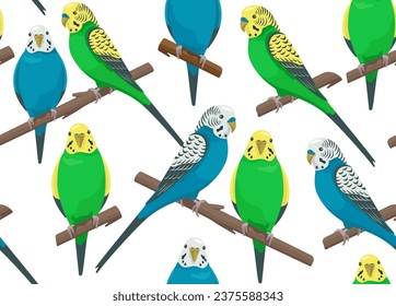 Vector tropical seamless pattern with love parrots. Cartoon cute blue and green budgerigars sitting on branch. Talking bright budgie family. Creative style summer beach print