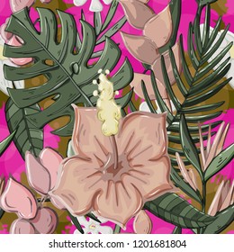 Vector Tropical seamless pattern with monstera leaves plant,hibiscus,flowers,palm tree.Nature exotic background .Endless texture
