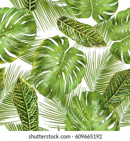 Vector tropical seamless pattern with monstera and croton leaves. Exotic design for cosmetics, spa, health care products. Can be used as wedding or summer background. Best for wallpaper, fabric