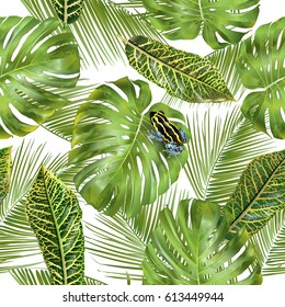 Vector tropical seamless pattern with monstera leaves and little frog. Exotic design for cosmetics, spa, health care products. Can be used as summer background. Best for hawaiian style fabric