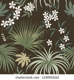 Vector tropical seamless pattern in olive green colors. Botany design. Can be used for brochure template, poster, wedding invitation or card design with jungle leaves for cosmetics, spa, beauty salon.