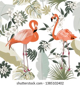 Vector tropical seamless pattern in olive green colors with flamingo. Botany design. Can be used for brochure template, poster, wedding invitation or card design