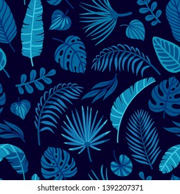 Vector tropical seamless pattern with palm leaves. Repeated textute with exotic floral elements. Summer dark background. Textile swatch.
