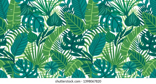 Vector tropical seamless pattern with palm leaves. Summer repeated texture with exotic plants. Floral background. Natural print for fabric. Textile design.