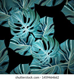 Vector tropical seamless pattern with palm leaves.