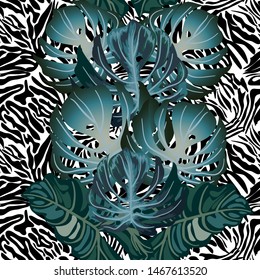 Vector tropical seamless pattern with palm leaves.