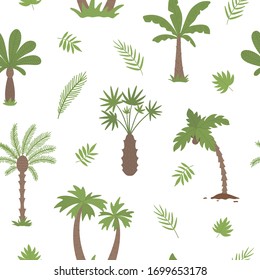 Vector Tropical Seamless Pattern With Palm Trees. Jungle Foliage Digital Paper. Hand Drawn Flat Exotic Background. Bright Childish Summer Greenery Texture