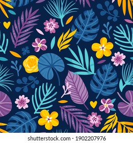 Vector tropical seamless pattern with palm leaves and exotic flowers. Summer repeated texture with floral elements. Botanical print for fabric and wrapping paper.