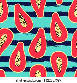 Vector tropical seamless pattern with papaya sliced ??fruit and stripes. Trendy summer design for textile, poster, banner, print