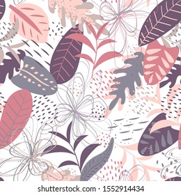 Padrão de vetor tropical sem emenda nas cores rosa pastel e lilás. Fundo tropical elegante. Textura sem costura com ornamento floral para tecido, papel de parede, capa e muito mais