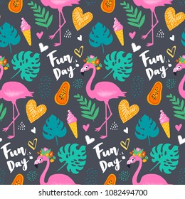 Vector tropical seamless pattern with pink flamingo, tropic leaves.